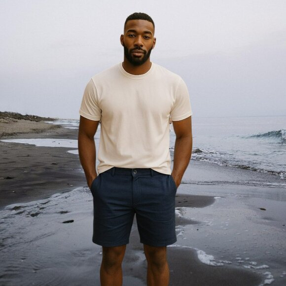 Saks Fifth Avenue  NWT 34 Men's Linen Flat Front Casual Shorts Navy Blue - Picture 1 of 8